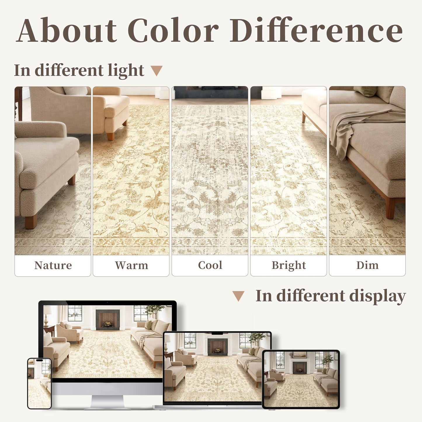 TTelephant Beige Living Room Rugs 8x10, Neutral Vintage Boho Carpet for Bedroom and Dining Room, Low Pile Nursery Indoor Area Rug with Non-Slip Silicone Backing, Non-Shedding