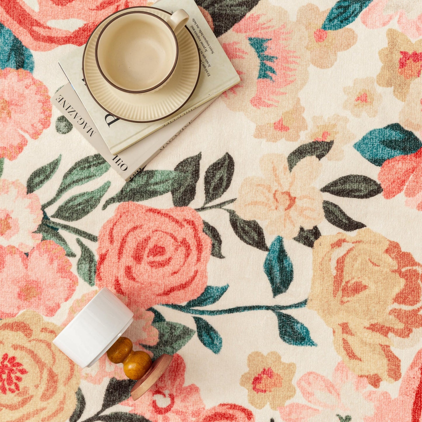 PureCozy Washable Floral Area Rug 8x10 Beige Living Room Large Carpet Bedroom Scalloped Flower Non Slip Soft Throw Rug Farmhouse Low Pile Thin Indoor Floor Cover for Dining Room Office