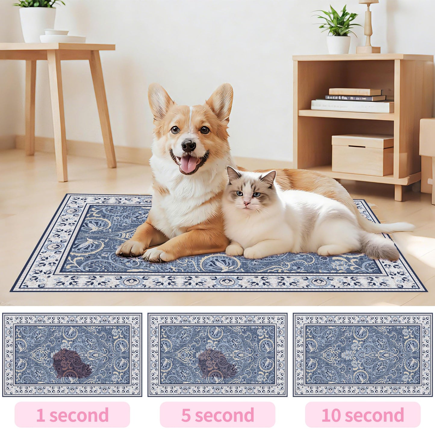 Blue Floral Pet Feeding Mat, Absorbent Dog/Cat Food Mat for Food and Water Bowl, Non-Slip Quick Dry Pet Placemat Floor Protector for Messy Drinkers(12 x 20 in)