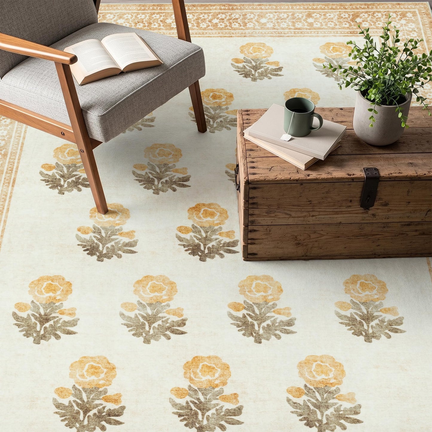 Sparkle Gaze Beige Brown Floral Living Room Rug 5x7 Area Rug - Vintage Washable Rug for Dining Room, Bedroom, Ultra Soft Low Pile Non Slip Stain Resistance Distressed Boho Farmhouse Flower Carpet