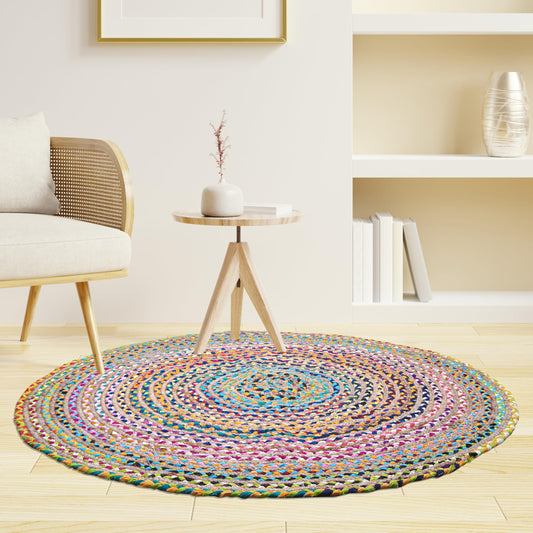 Craft Trade Chindi Jute Rag Rug, Multicolor Round Rug 3 Ft, Reversible Handwoven Floor Carpet for Living Room, Bedroom, Entryway, Boho Area Rug for Home Decor