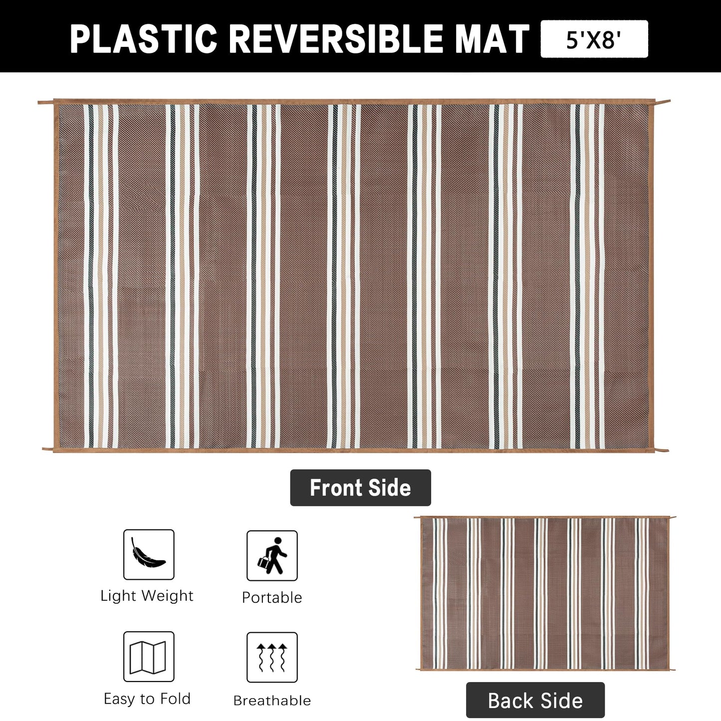PureCozy Outdoor Waterproof 5x8 Rug for Patio Reversible Plastic Straw Brown Striped Camping Mat Outside Lightweight Large Floor Mat for RV Deck Beach Balcony Picnic Backyard Entry Porch