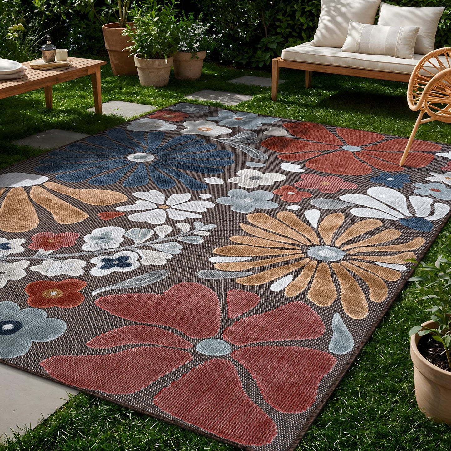 Beverly Rug Outdoor Rug 8x10 Modern Floral Tropical Area Rugs for Outdoor and Indoor Patio Easy to Clean Non Shedding Living Room Porch Garden Washable Outside Carpet (8 x 10 Terracotta)
