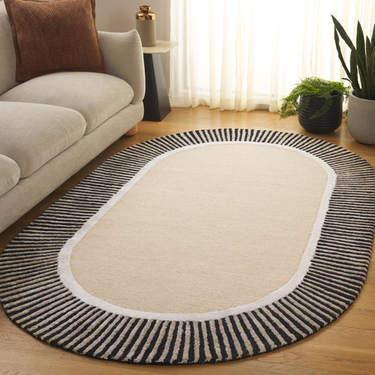 SAFAVIEH Fifth Avenue Collection Area Rug - 6' x 9' Oval, Beige & Black, Handmade Wool & Viscose, Striped Border Design, Ideal for The Living Room, Dining, Bedroom (FTV107B)