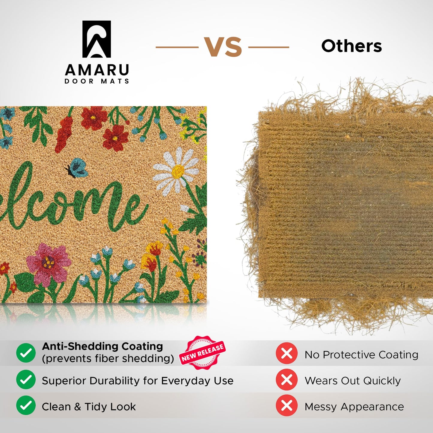 AMARU DOOR MATS - Coir Welcome Mat, Non-Slip, Floral, 17 x 29 in