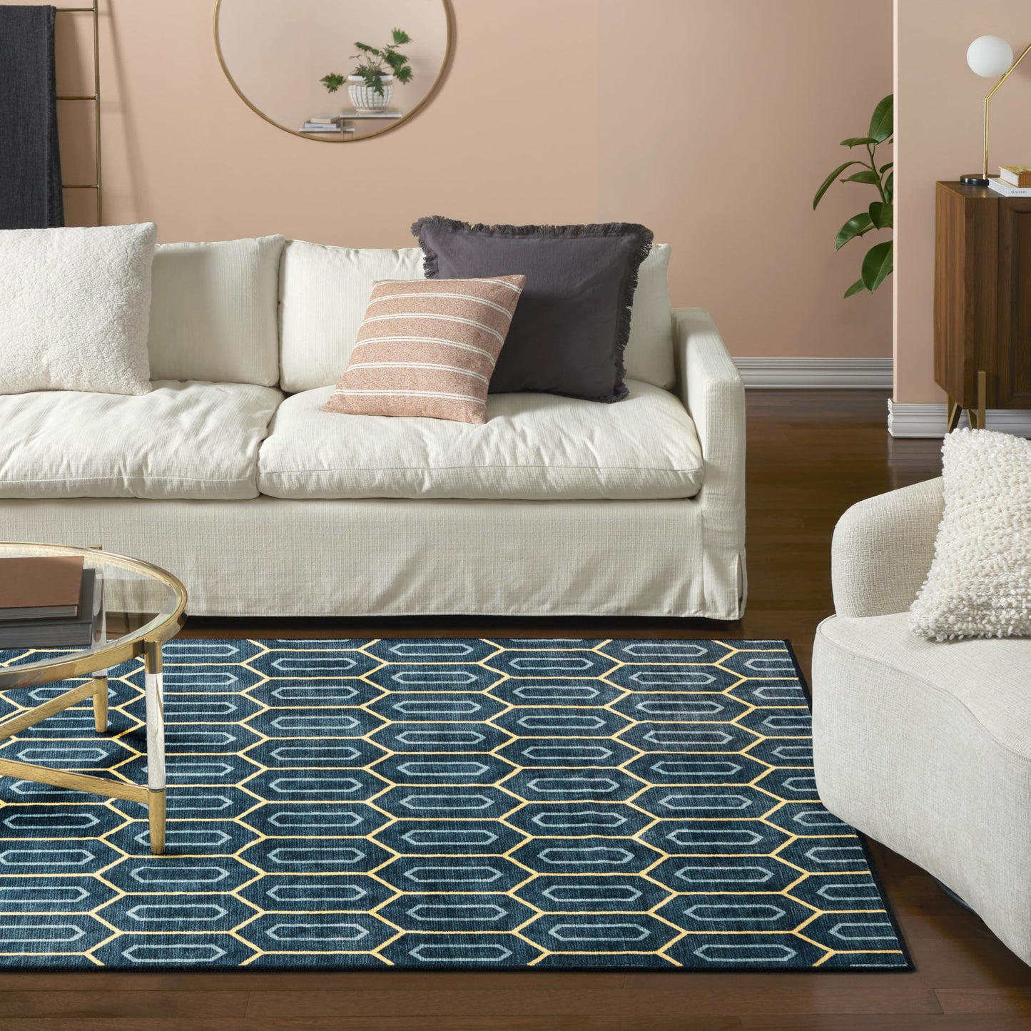 EVERWASH Haven Mod Geo Machine Washable Area Rug with Airflo Technology for Easy Clean, Ultra-Soft Pile, Built-in Rug Pad with Non-Slip Backing, Pet, Family & Allergy Friendly Rug, Blue, 8'x10'