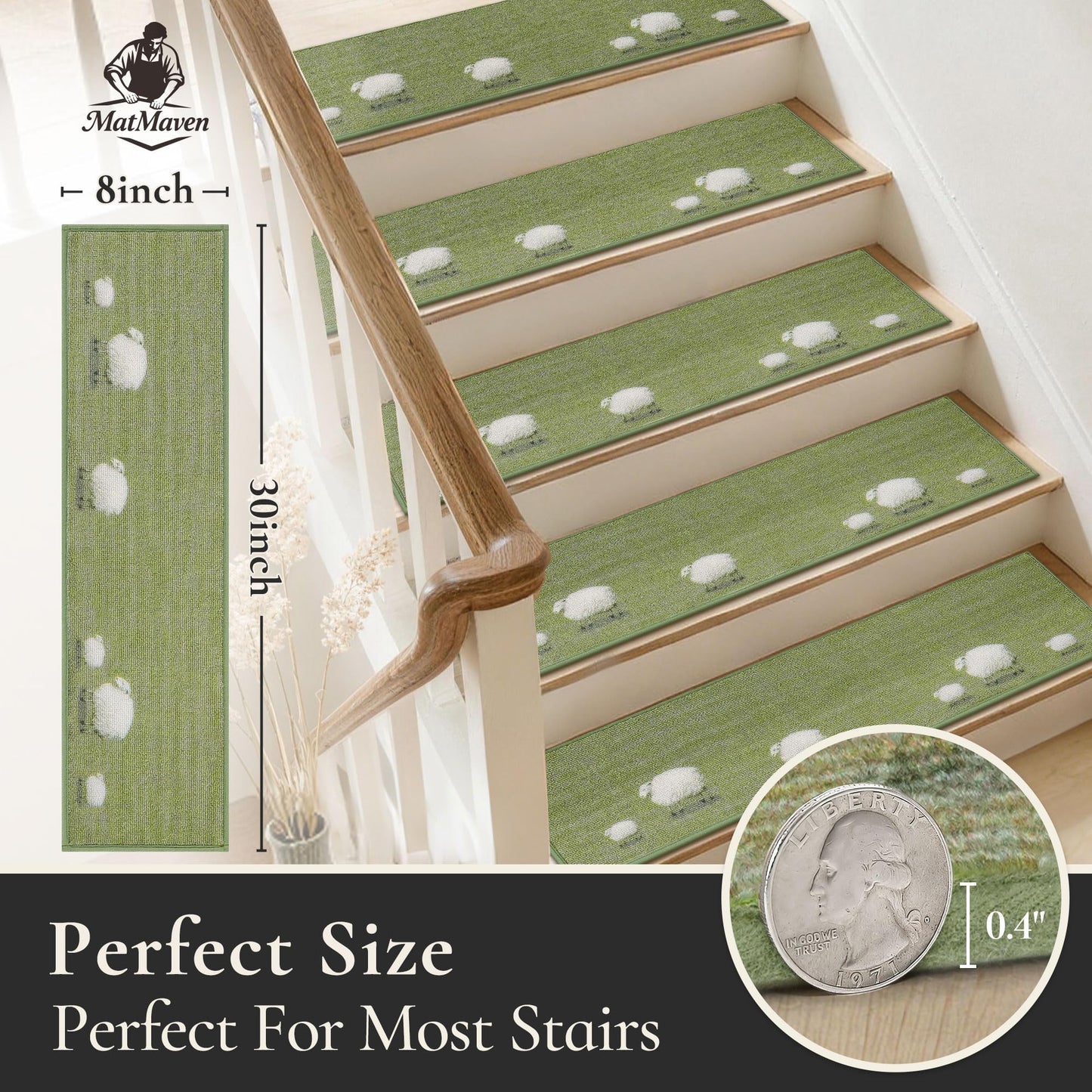 MatMaven Stair Treads for Wooden Steps Indoor,4 Pack 8"x30" Non Slip Machine Washable Carpet Stair Treads,Stair Runner Rugs with Peel & Stick Reusable TPE Backing for Kids Elders & Pets,Green(Sheep)