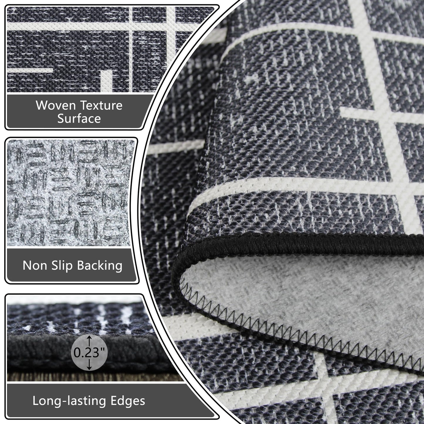 TTelephant 3x5 Washable Rug, Modern Distressed Stripe, Small Area Rug Non Slip, Woven Thin No Shed Office Chair Friendly Runners for Entryway, Kitchen, Home Office, Studio - Midnight Black