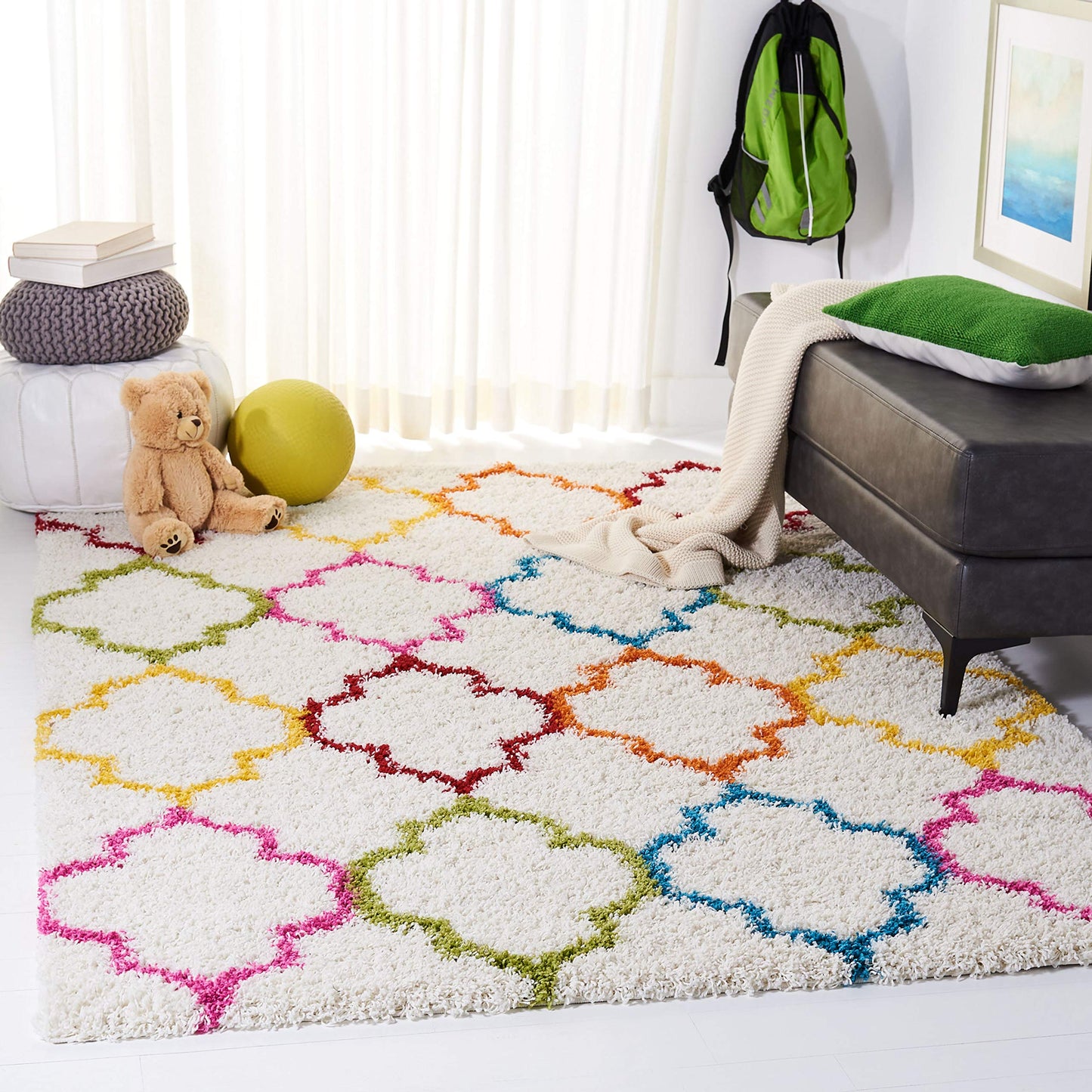 SAFAVIEH Kids Shag Collection Accent Rug - 3' x 5', Ivory & Multi, Rainbow Trellis Design, Non-Shedding & Easy Care, 2-inch Thick Ideal for High Traffic Areas in Foyer, Living Room, Bedroom (SGK569A)