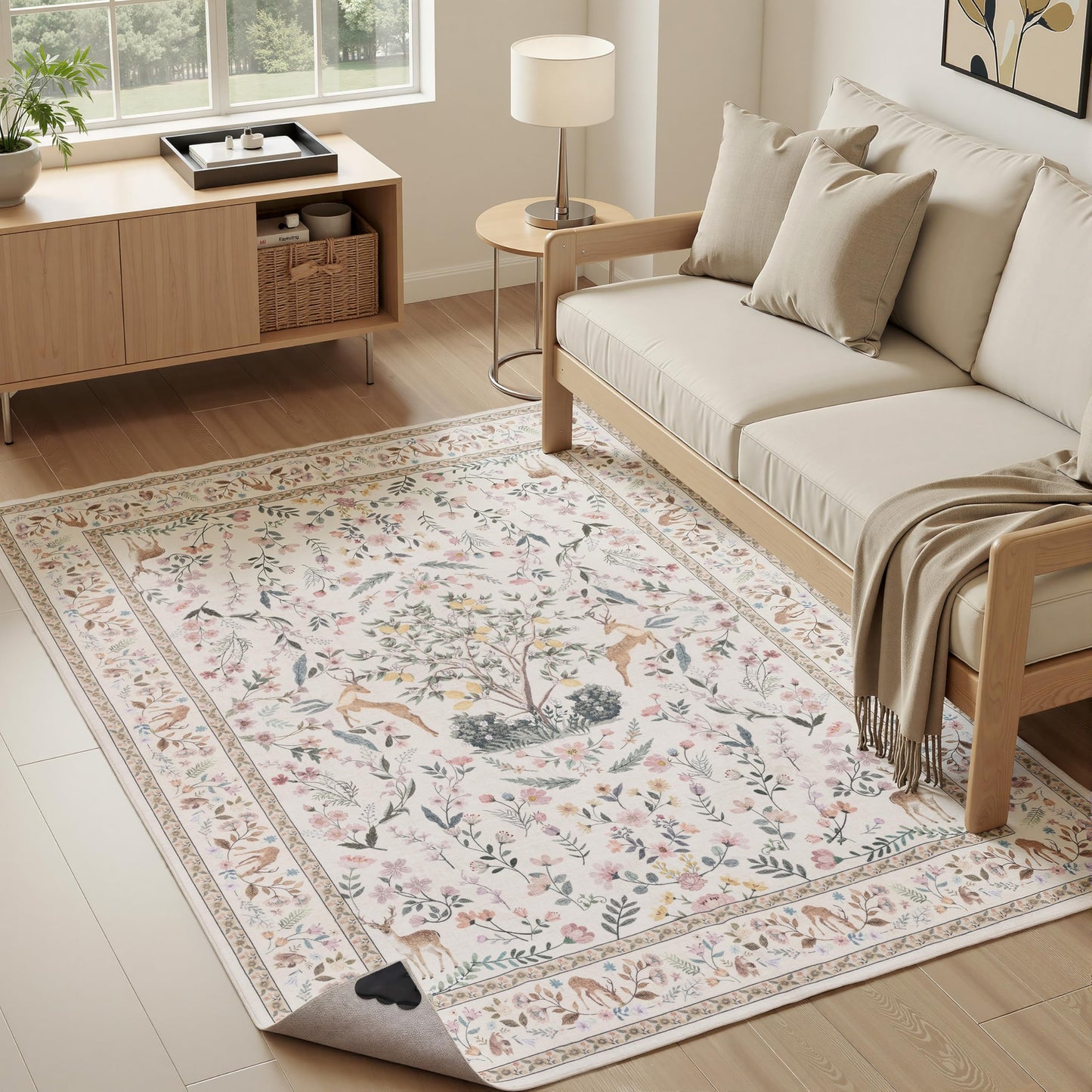 4x6 Area Rugs, Floral Washable Rugs with Non-Slip Backing, Low Pile Soft Carpet for Nursery, Living Room, Bedroom, Kids Room, Home Office, Farmhouse, Beige Green