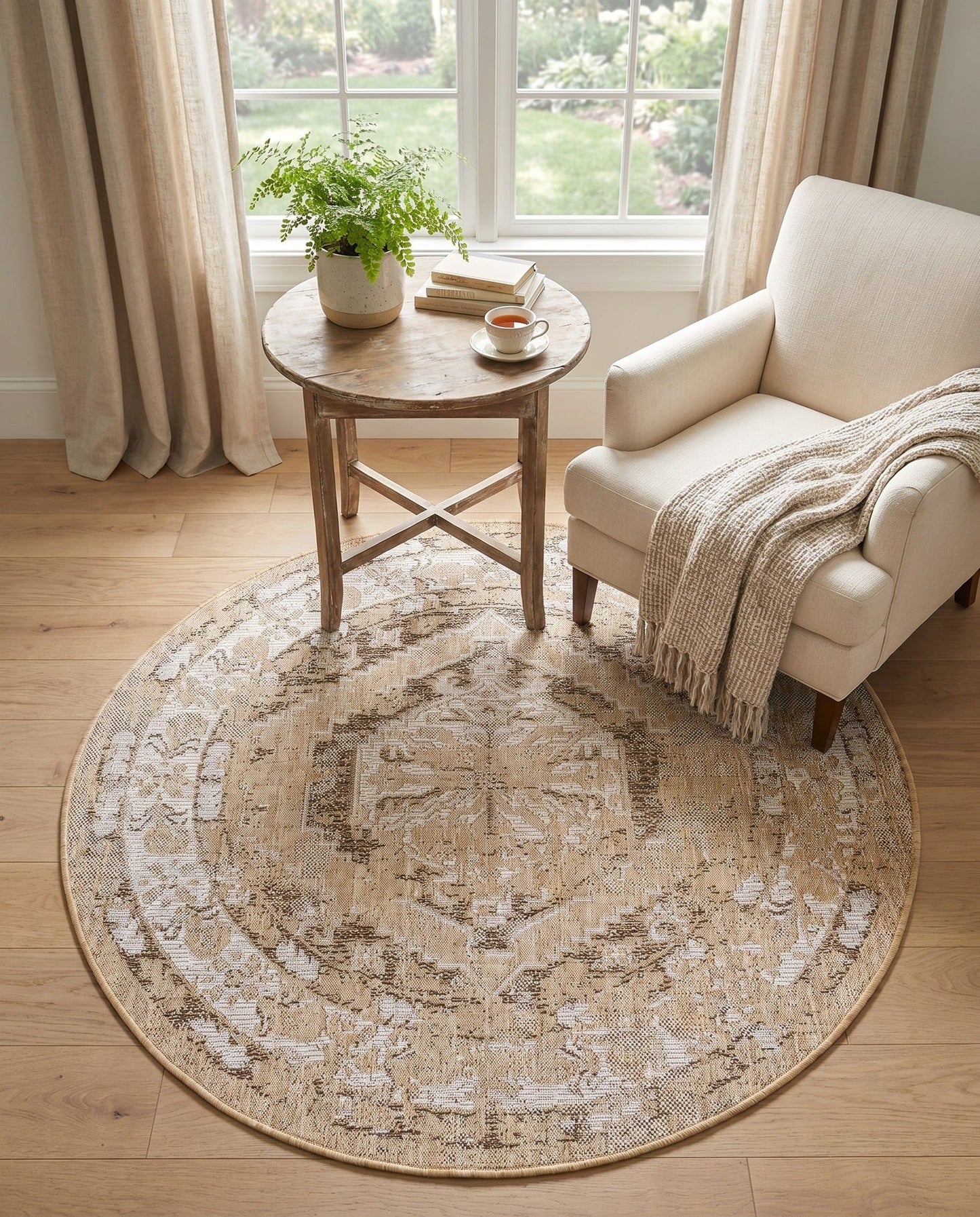 Rugs.com Outdoor Traditional Collection Rug – 4 Ft Round Natural Flatweave-Pile Rug Perfect for Kitchens, Dining Rooms