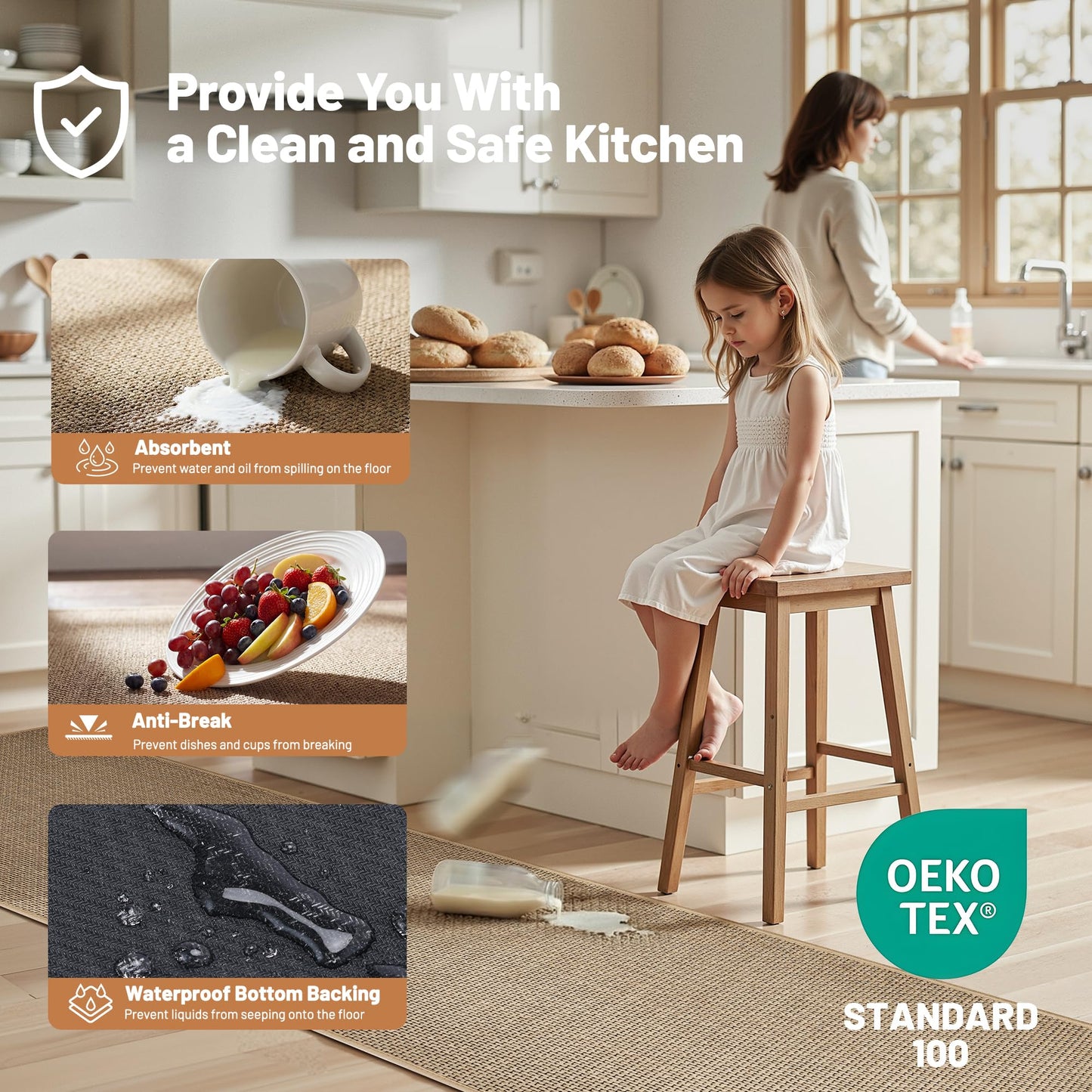 Beige Kitchen Rugs Non Slip Washable Set of 2 PCS, Cushioned Rugs for Kitchen Floor, Absorbent Runner Rug Comfort Mats with Rubber Backing for Kitchen, Hallway, Bathroom, Bedroom, 17.3"x30"+17.3"x47"