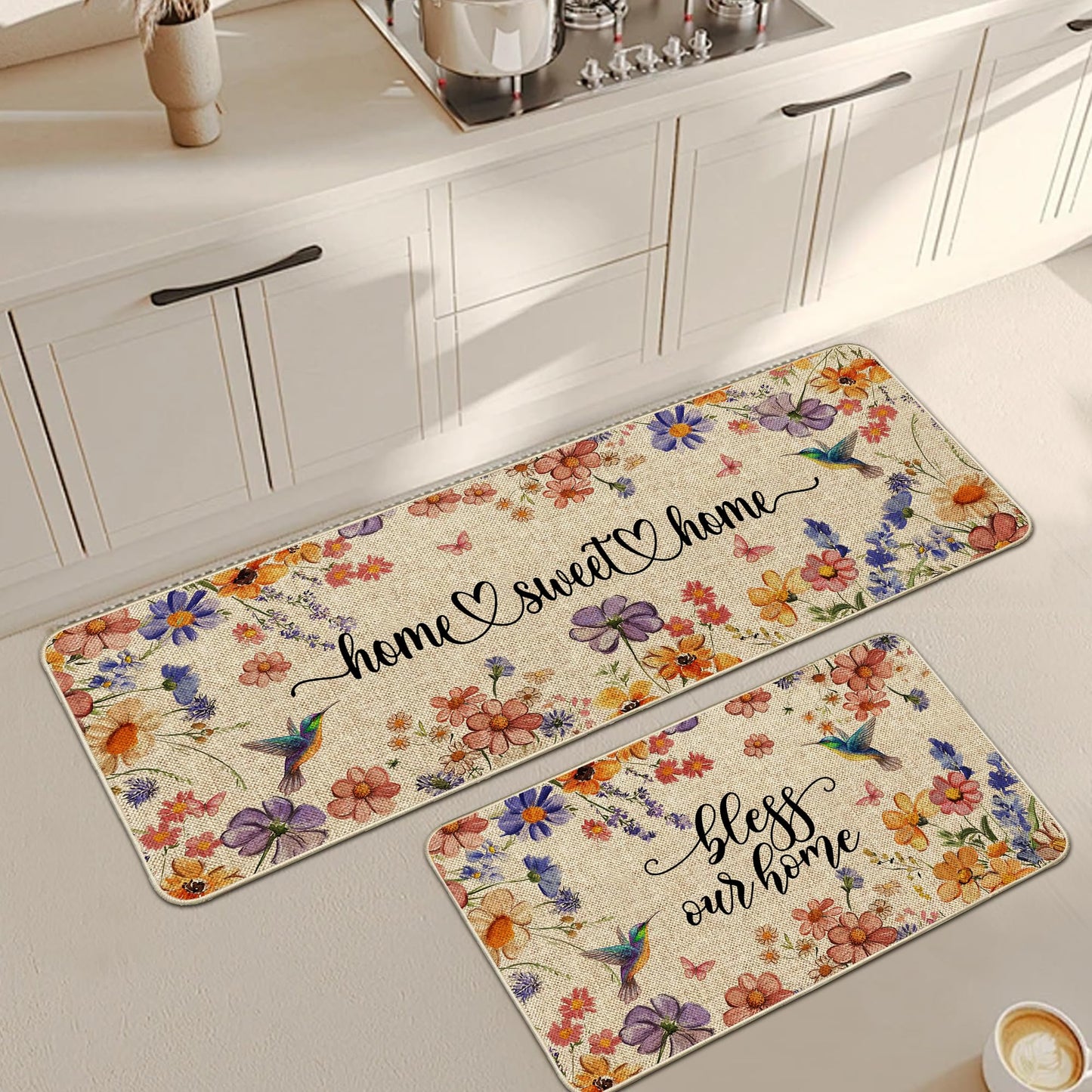 Wylumen Flower Spring Kitchen Mats for Floor Set of 2, Wildflower Summer Floor Mats, Non Slip Rubber Backing Kitchen Floor Mat and Rug Set for Kitchen Sink, Office, Laundry