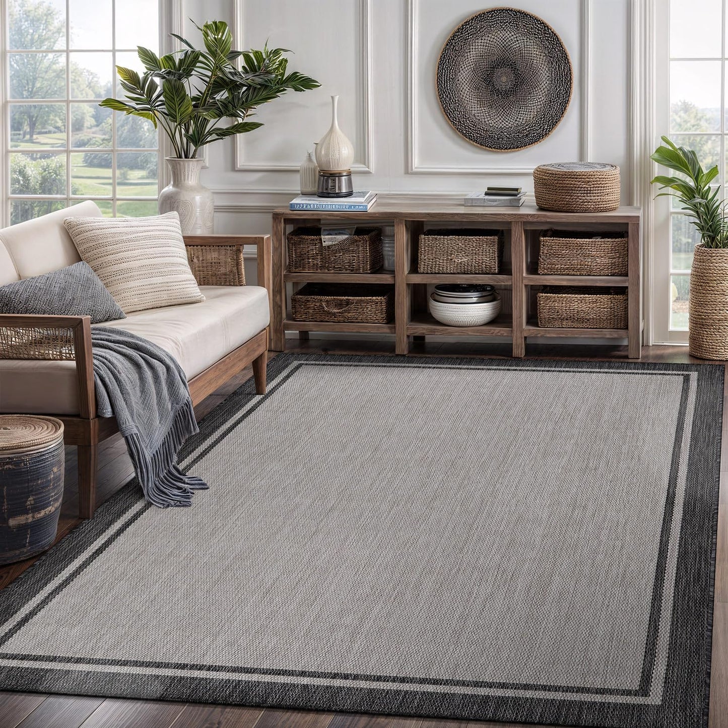 CAMILSON Indoor Outdoor Rug, 6x9 Bordered Gray Modern Area Rugs for Indoor and Outdoor Patios, Kitchen and Hallway Mats, Washable Porch Deck Outside Carpet (Bordered Grey, 6 x 9)
