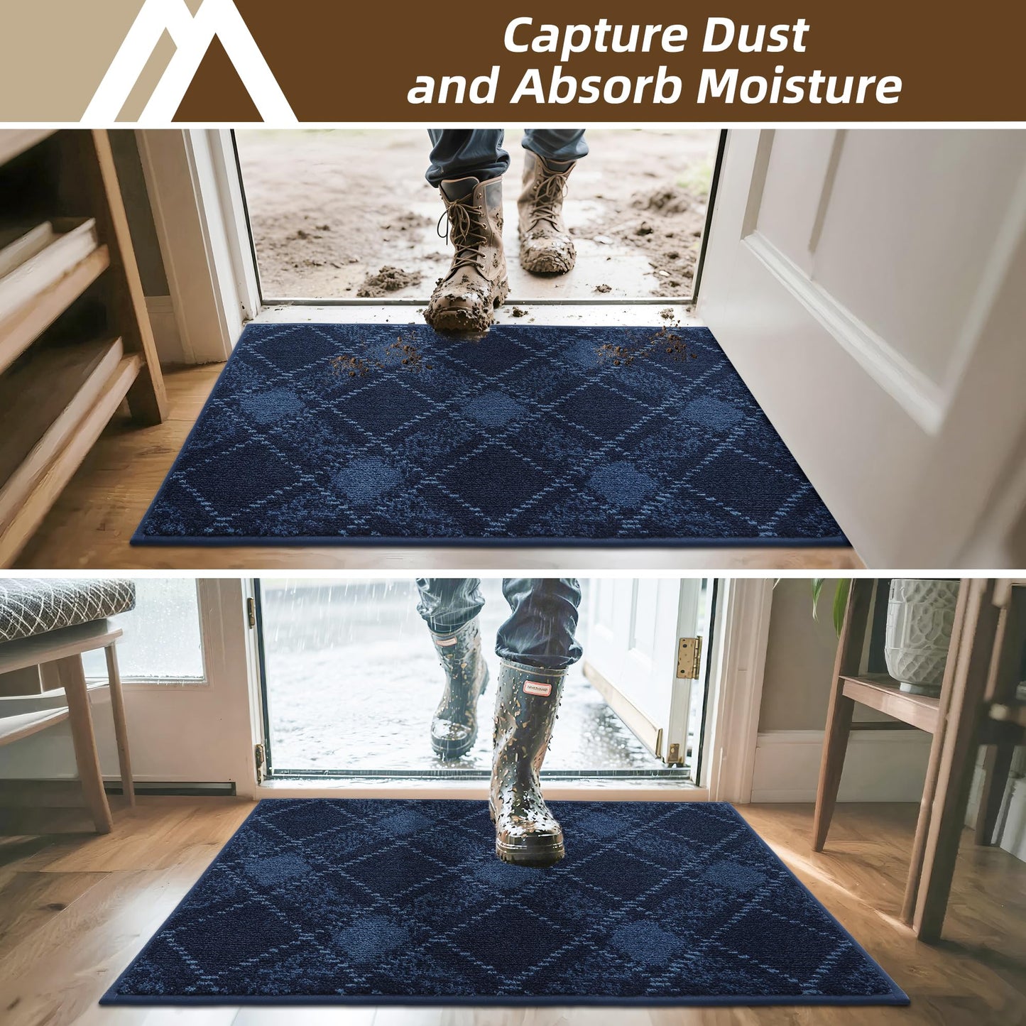 COSY HOMEER Door Mat Non-Slip, Soft Absorbent TPR Backing Doormat for Front Door Inside Entrance, Washable Low Profile Mats for Pets & Family, 20" x 32", Navy Blue