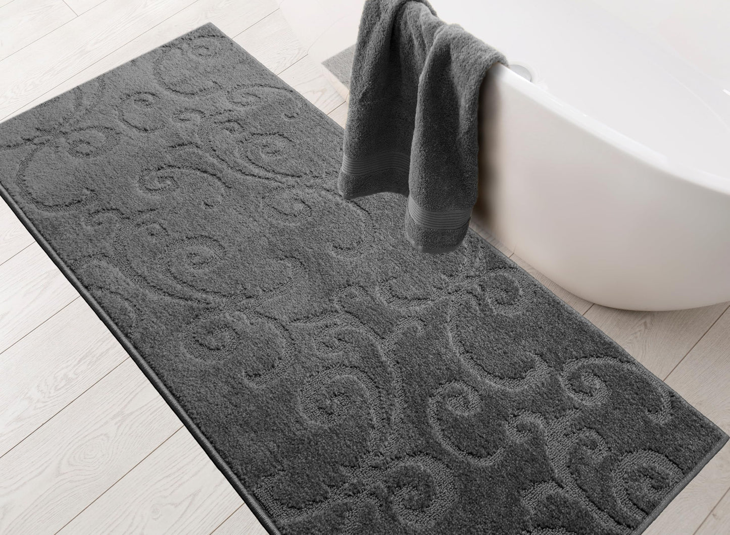 8 Ft Long Non-Slip Washable Carpet Runner Rug with Rubber Backing, 31" X 8' Custom Floor Mat for Kitchen Hallway Stairs Bedroom Bathroom Entryway, Your Choice of Length, Scroll Anthracite Dark Grey