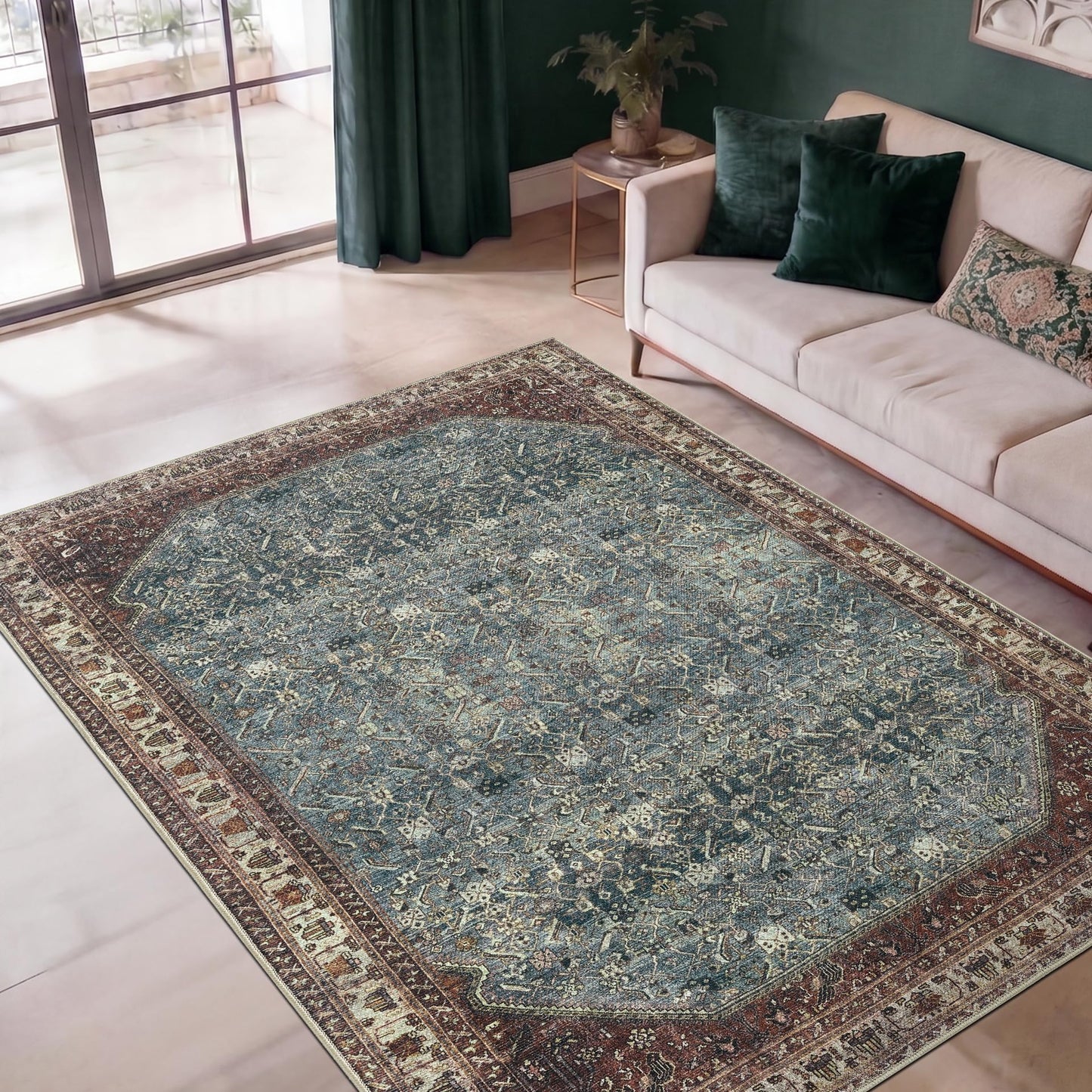 Keen Home Design 5x7 Rug - Machine Washable Area Rug with Non-Slip Backing, Ideal for Living Room, Dining Room, Bedroom - Vintage, Easy Clean, Durable, Low Pile Rug - (5' x 7')