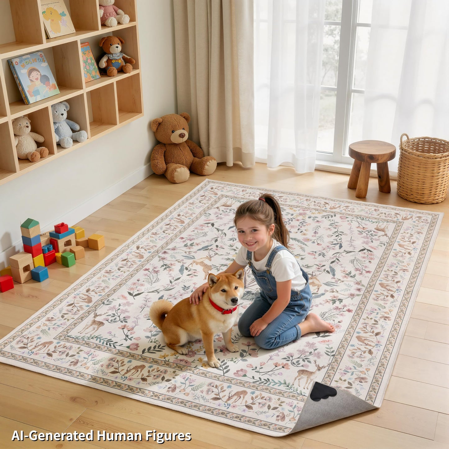 4x6 Area Rugs, Floral Washable Rugs with Non-Slip Backing, Low Pile Soft Carpet for Nursery, Living Room, Bedroom, Kids Room, Home Office, Farmhouse, Beige Green