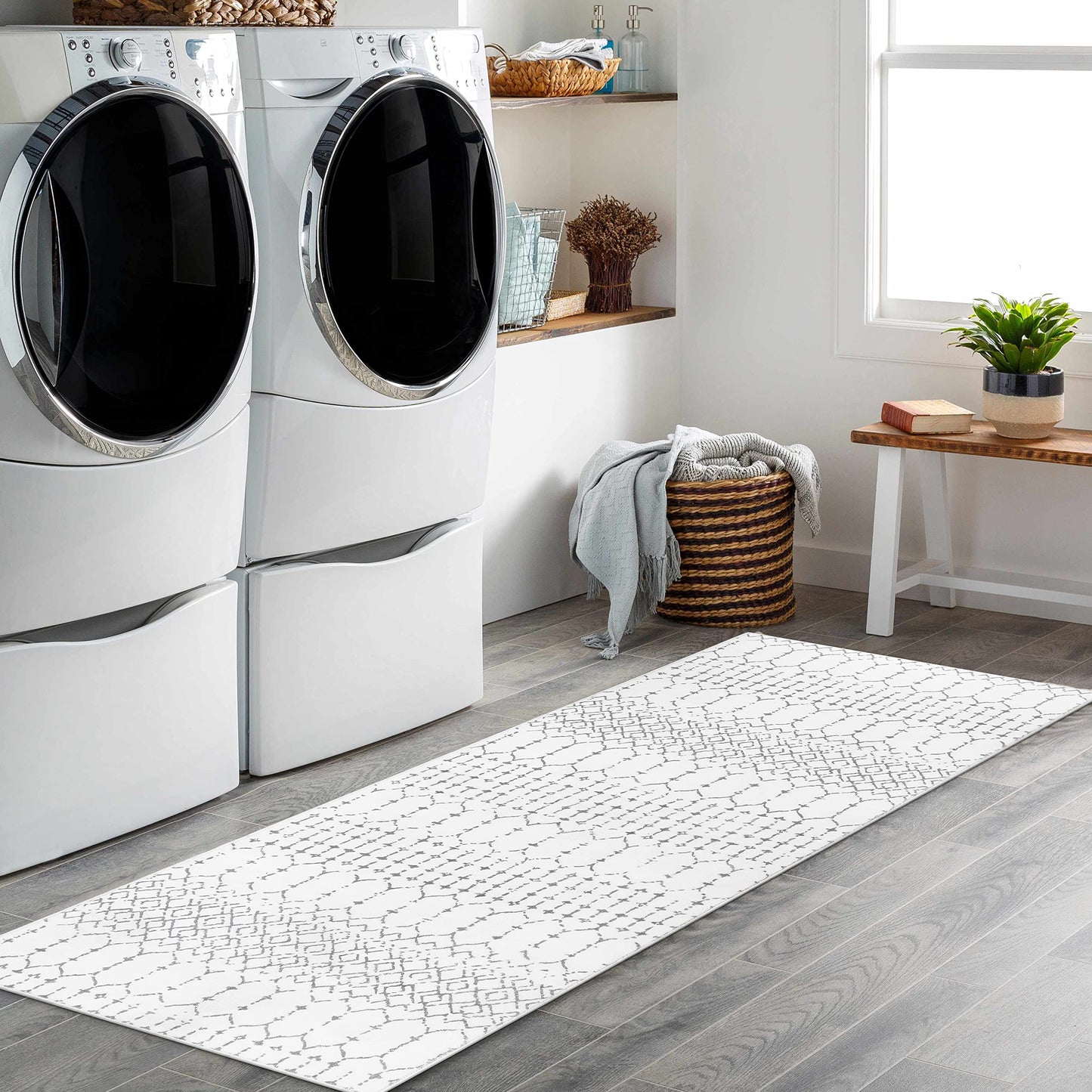 Lahome Moroccan Washable Runner Rug - 2x6 Non-Slip Throw Hallway Rug Runner Ultra-Thin Soft Kitchen Laundry Room White Print Distressed Carpet for Entryway Bathroom Living Room Hana