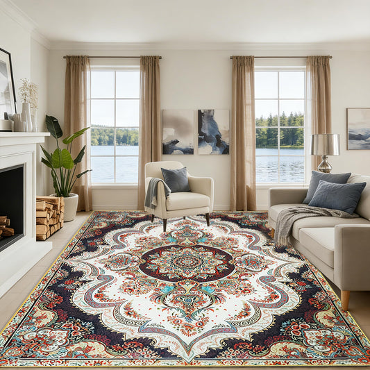 8x10FT Washable Area Rug for Living Room, Vintage Boho Floral Medallion Rug, Non-Slip Low Pile Indoor Carpet for Bedroom, Dining Room, Home Office（Beige White）