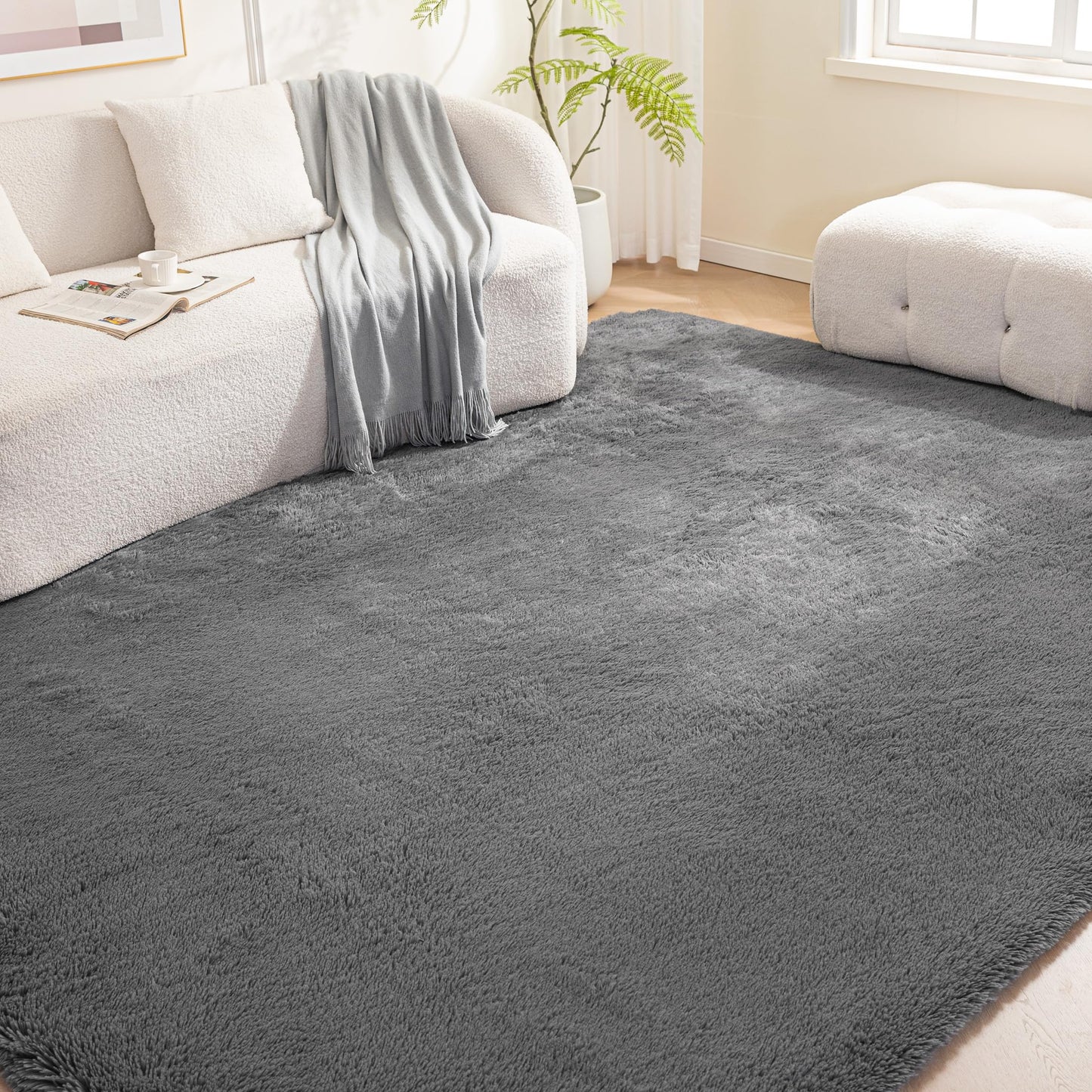 Amazon Basics Fluffy Washable Area Rug, Shaggy Carpet for Living Room, Bedroom, 4' W × 6' L, Dark Gray