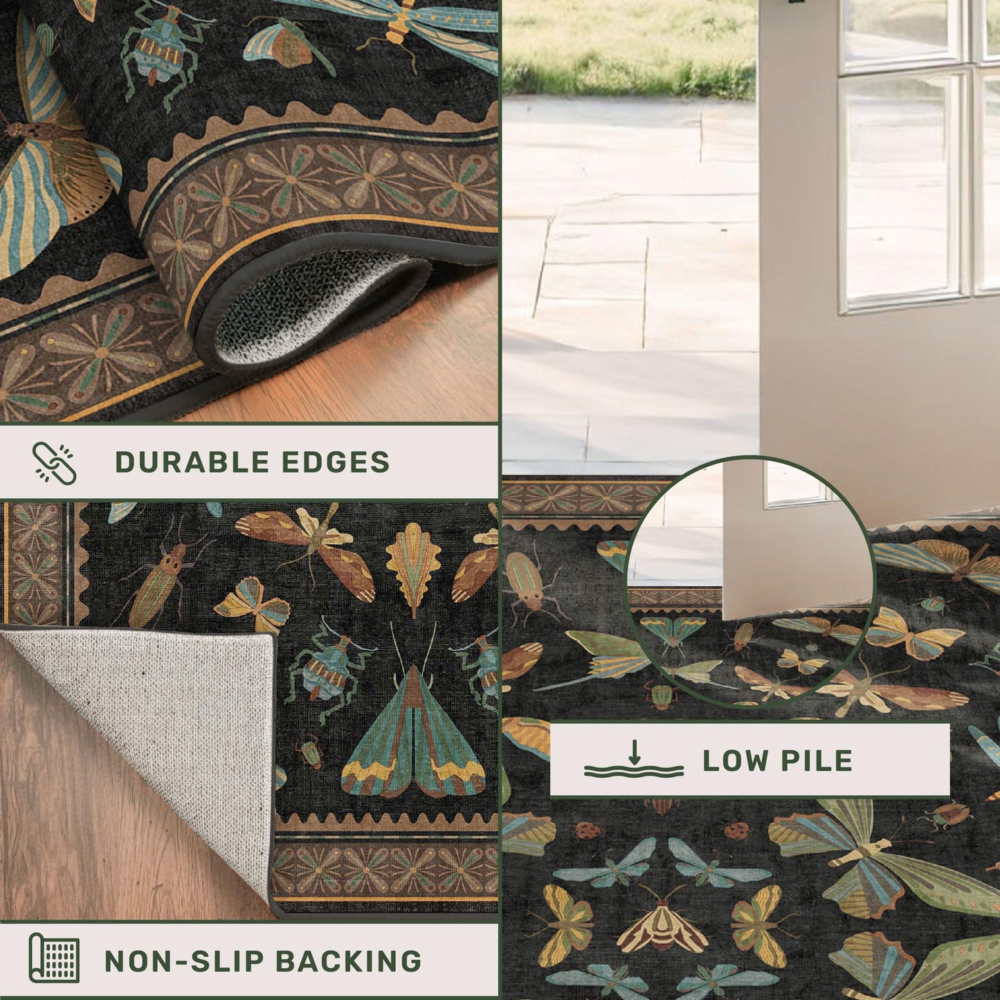 2x6 Black Entryway Runner Rugs Washable Non Slip Runners for Hallway, Kitchen, Mudroom, Laundry Room, Stain Resistant Ultra Soft Non Skid, Nature Insect Fantasy Whimsical Indoor Decor