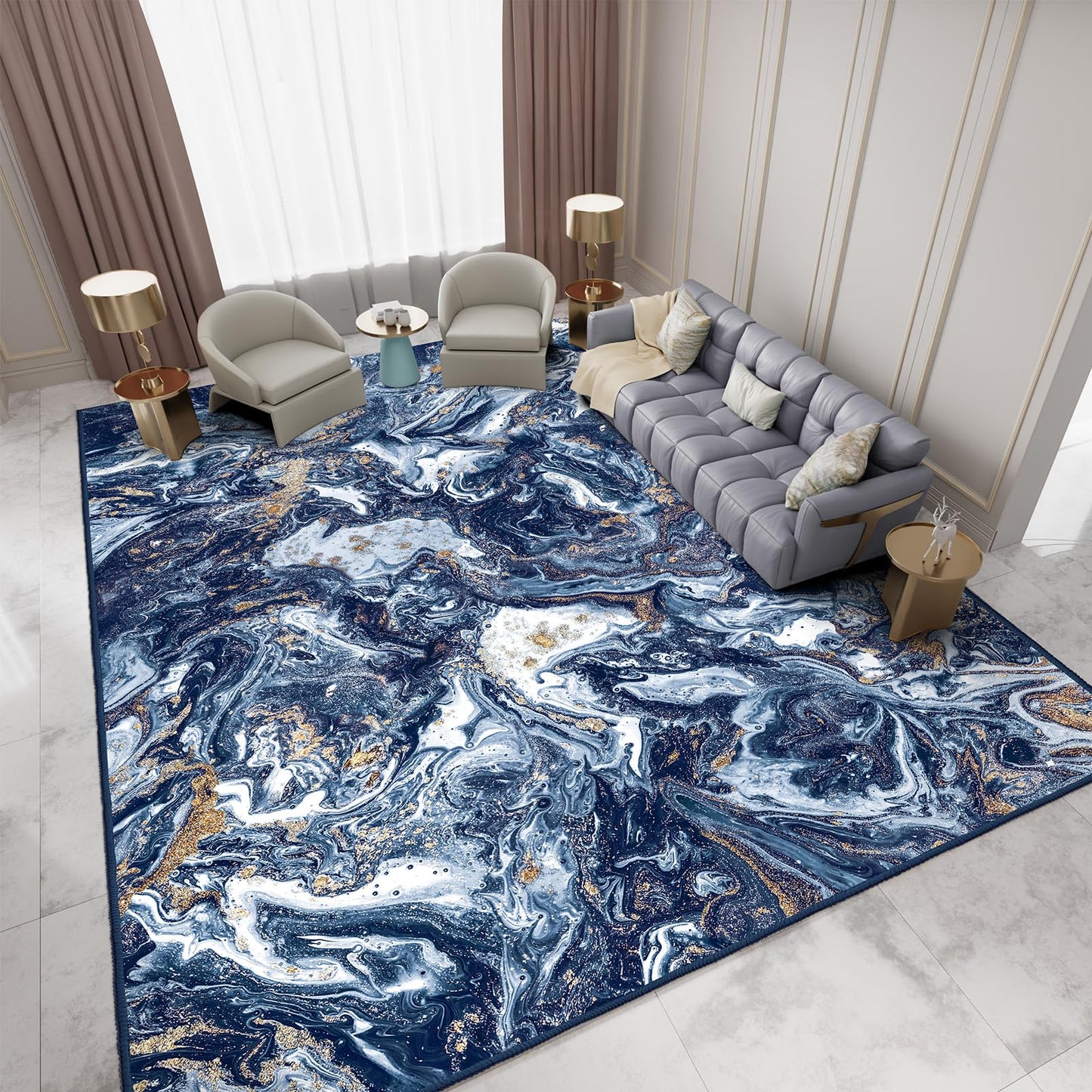 GEMBED Washable Area Rug 5x7 - Artistic Style Modern Rug for Living Room Bedroom Dining Room, Soft Low Pile Machine Washable Carpet, Non Slip Non Shedding Area Rug - Dark Blue/Gold, 5'x7'