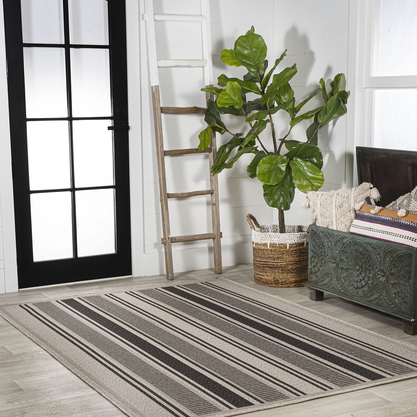 JONATHAN Y Double Stripe Indoor Outdoor Area Rug 5X8 Black/Beige, Haynes Modern for Backyard, Patio, Porch, Easy-Cleaning, High Traffic, Pet-Friendly, Non-Shedding (SMB202D-5)