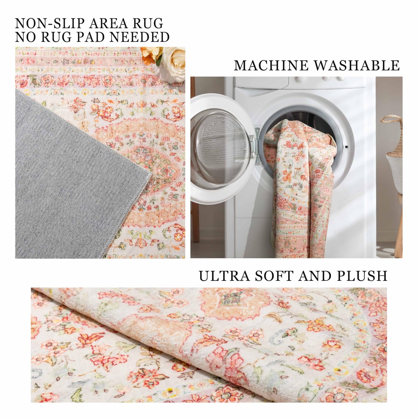 Castage 5x7 Area Rugs Washable,Pink Rug for Living Room Bedroom Kitchen,Large Boho Vintage Bohemian Distressed Farmhouse Carpet Non Slip,Blush Floral