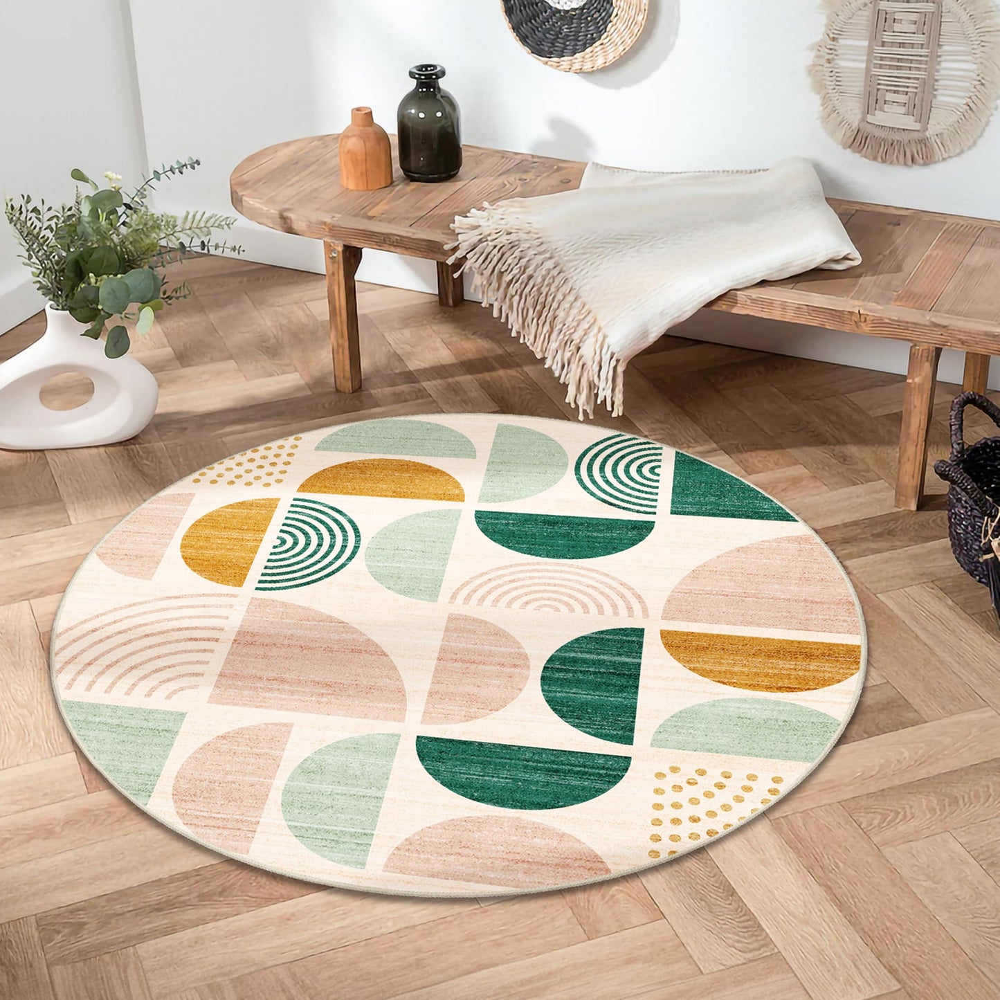 MUJOO Round Rug 4ft,Small Circle Area Rug Washable,Circular Rugs for Entryway Bedroom Kitchen,Boho Non Slip Throw Floor Carpet Modern Abstract Sage Green