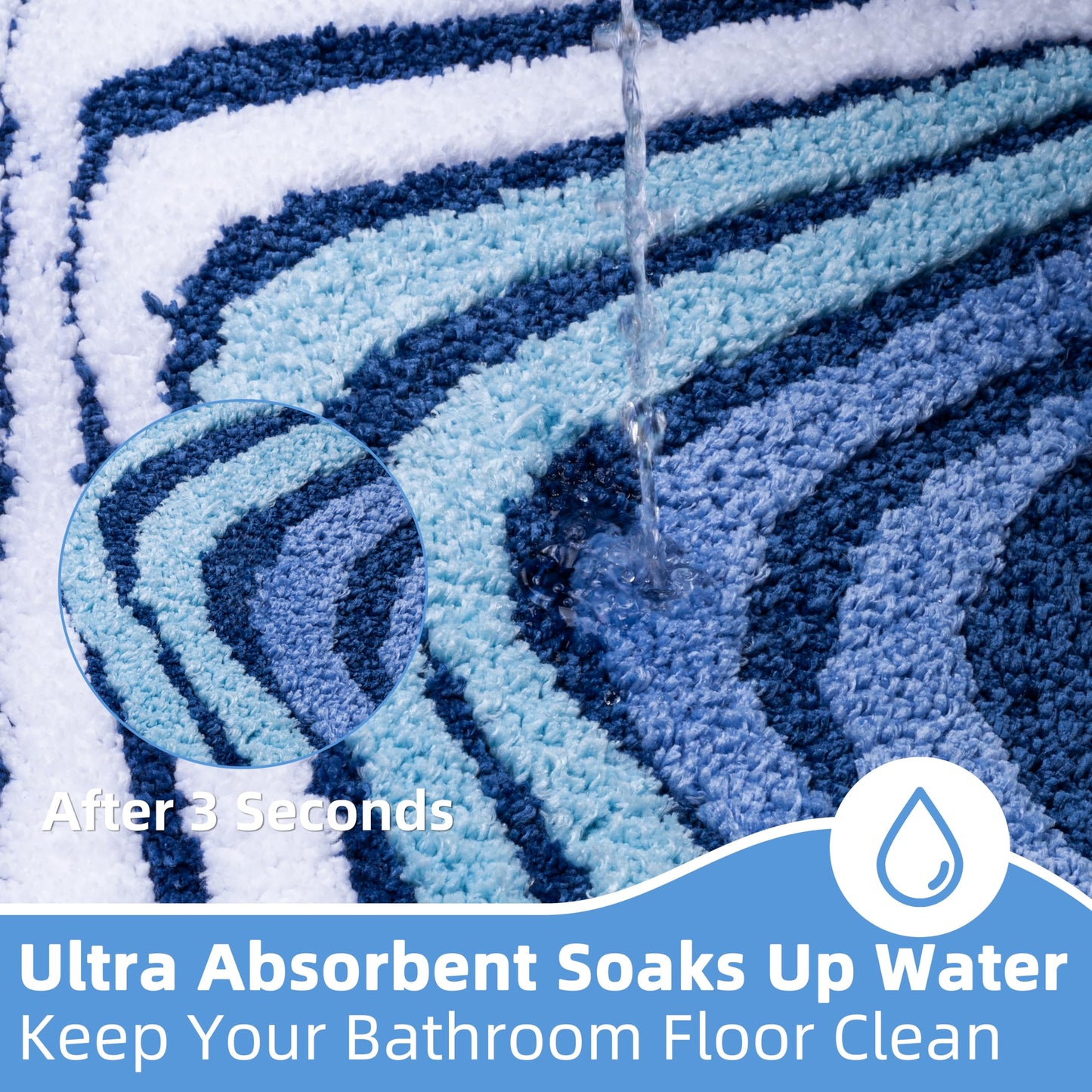 Cevolyn Blue Bathroom Rug, Plush Microfiber Absorbent Funky Non Slip Bath Mat, High Pile Tufted Shower Rug with 3D Striped Pattern, Aesthetic Modern Decor, Machine Washable, 20"x32"