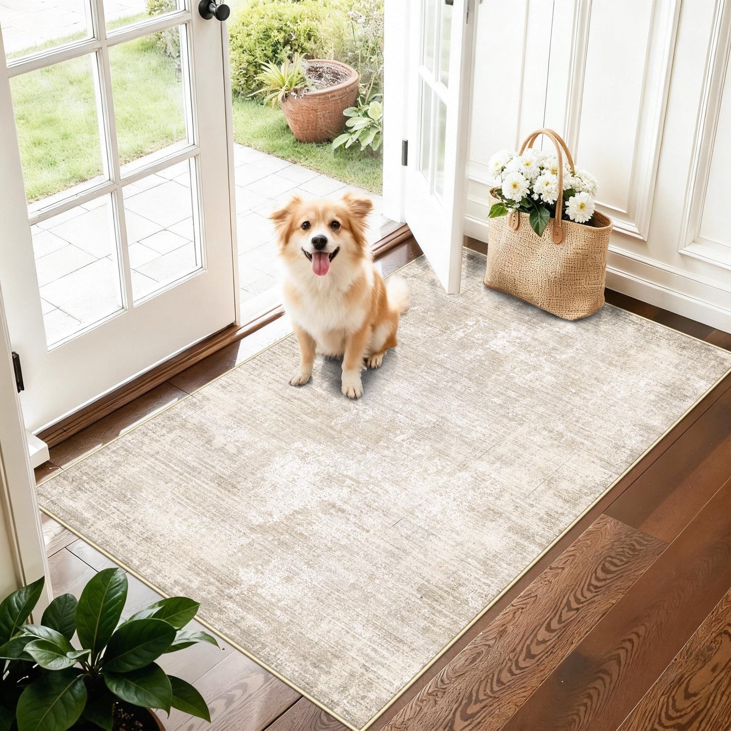 Washable 3x4 Hallway Runner Rug: Abstract Soft Entryway Doormat Water-Resistan Bathroom Kitchen Carpet with Non-Slip Backing Modern Living Room Bedroom Dining Room Decorative Carpet（3x4,Warm/Beige）