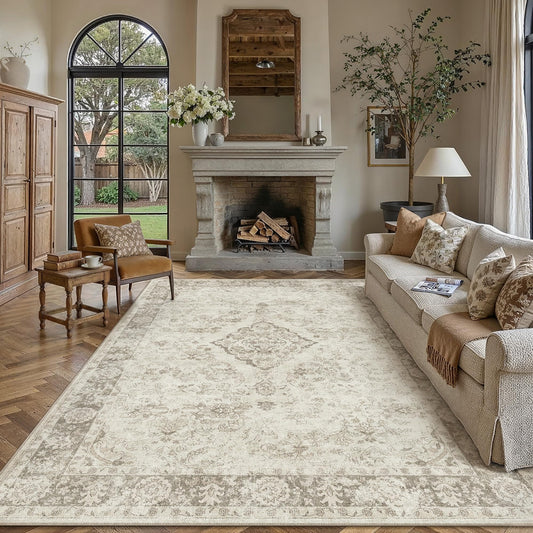 PureCozy Beige 8x10 Washable Area Rug for Living Room Neutral Vintage Floral Medallion Soft Large Rugs Low Pile Non Slip Distressed Indoor Office Carpet for Bedroom Dining Room Nursery