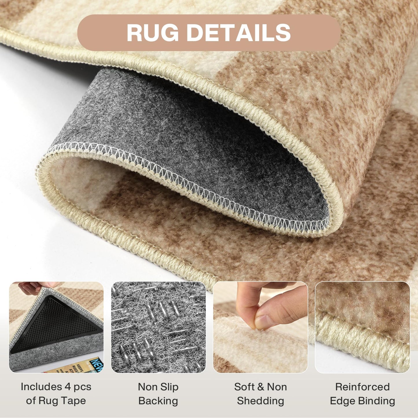 Tribesigns Checkered Washable 8x10 Area Rugs for Living Room, Soft Non-Slip Brown Bedroom Dining Room Rug, Geometric Neutral Printed Carpet for Playroom Home Decor, Oeko-Tex Certified