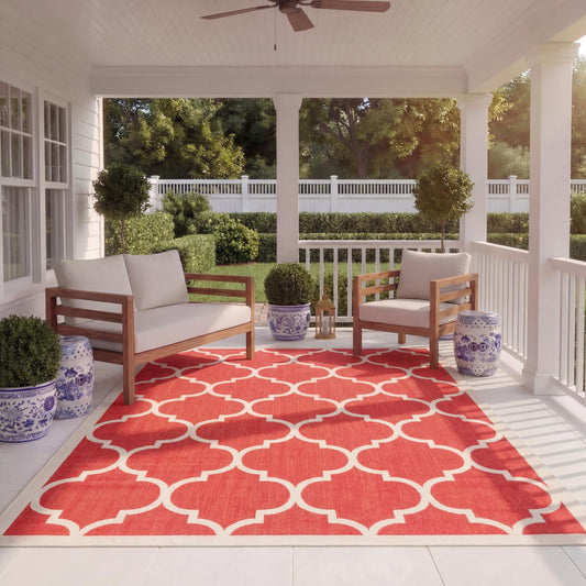 SAFAVIEH Washable Rug Outdoor Courtyard Collection - 6'7" x 9'6", Red & Bone, Non-Shedding & Easy Cleaning, Ideal for Patio, Backyard, Mudroom (CY6914-248)