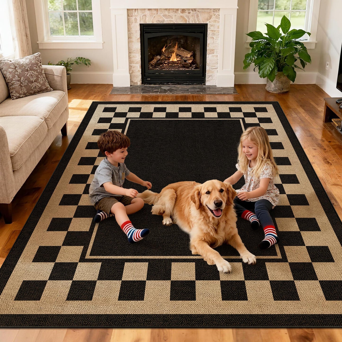 JROSING Washable Checkered Easy Jute Rug 5x7, Black Checkerboard Geometric Modern Outdoor Indoor Patio Large Bordered Rug, Woven Thin Carpet for Living Dining Play Room Bedroom Classroom Kids Nursery