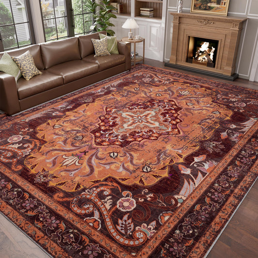 RUSHUFFY 8x10 Washable Rug for Living Room, Non-Slip Large Boho Vintage Print Pattern Carpet for Bedroom Dorm Dining Room Farmhouse Nursery Home Office, Orange & Red