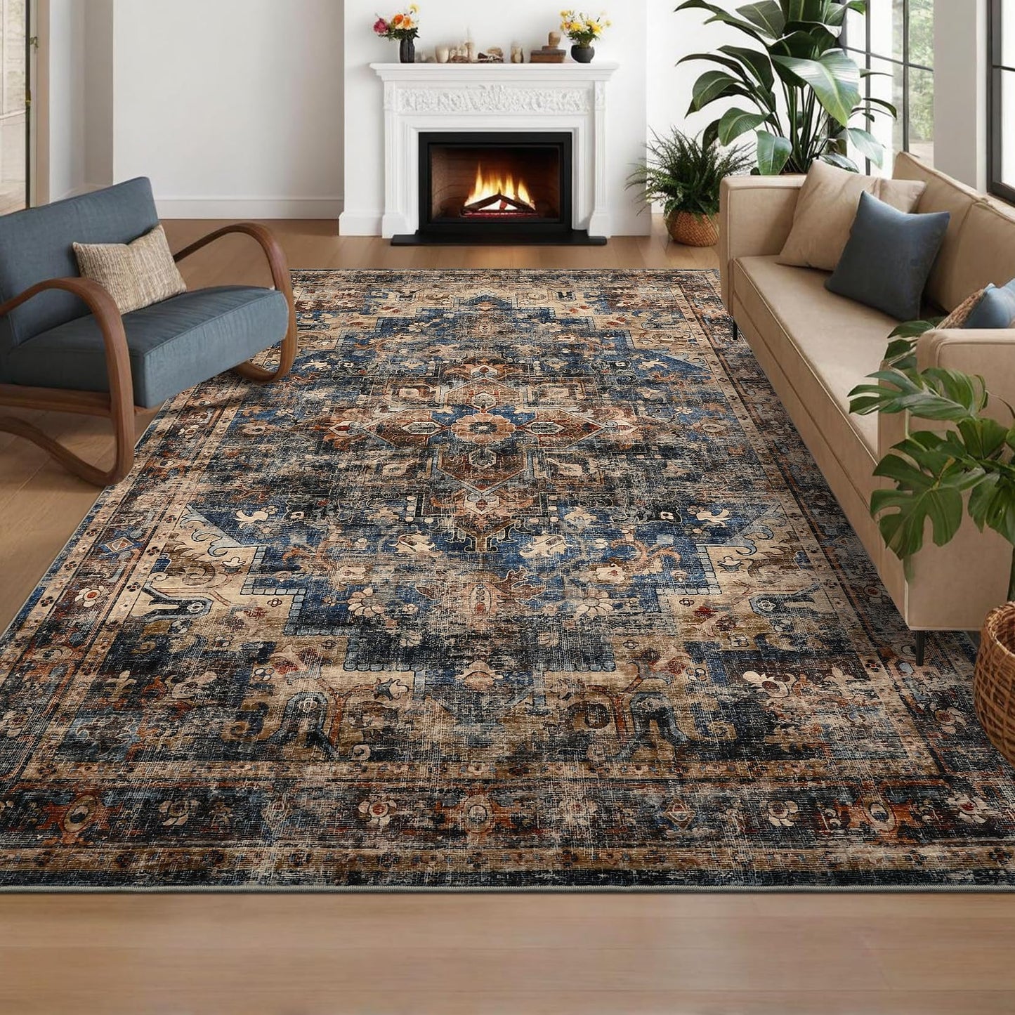 GarveeHome 8x10 Washable Vintage Living Room Area Rug: Vintage Machine Washable Area Rug for Living Room Indoor Large Non-Slip Bedroom Carpet Low Pile Stain Resistant Dining Room Carpet Blue&Brown