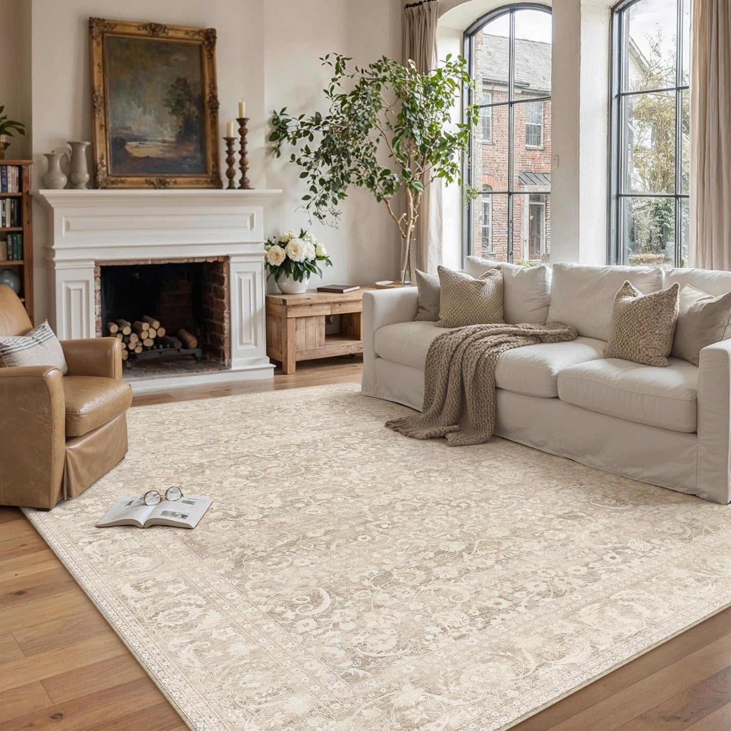 Berthmeer 8x10 Area Rug for Living Room, Ultra Soft Washable Rugs for Bedroom, Non-Slip Indoor Large Carpet, Low-Pile Floral Accent Rug for Dining Room, Office & Home Decor Beige