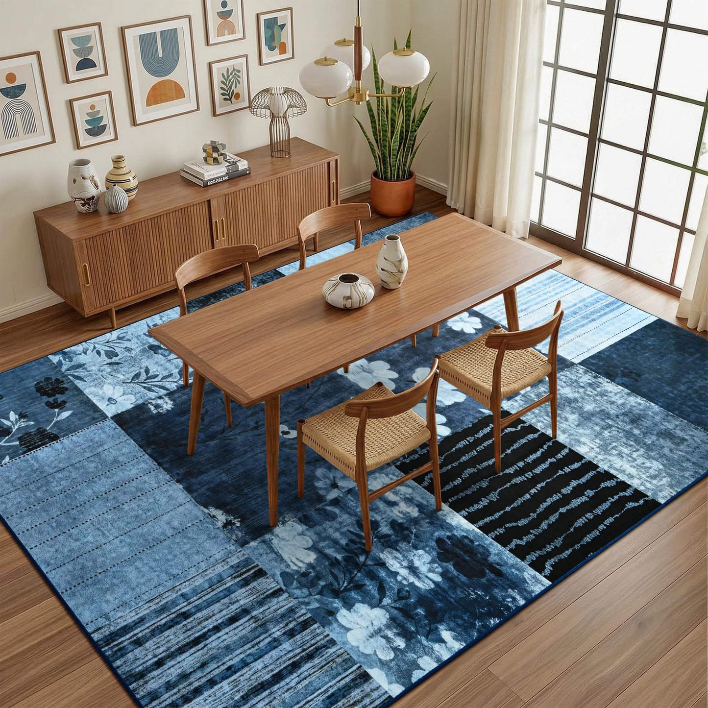 FALARK Modern Area Rugs for Living Room, 4x6 Feet Geometric Patchwork Rug, Washable Non-Slip Indoor Low Pile Carpets for Bedroom Dining Room Office Playroom Home Dorm Decor, Blue