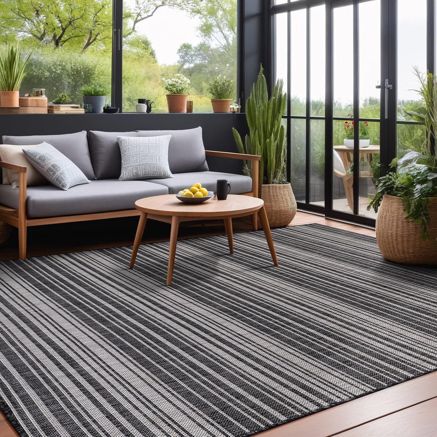 Luul Home Stripe Outdoor Rug 5x7 Washable Outside Carpet for Indoor Patio Porch Waterproof Easy Cleaning Non Shedding Area Rugs Dark Gray 5 x 7
