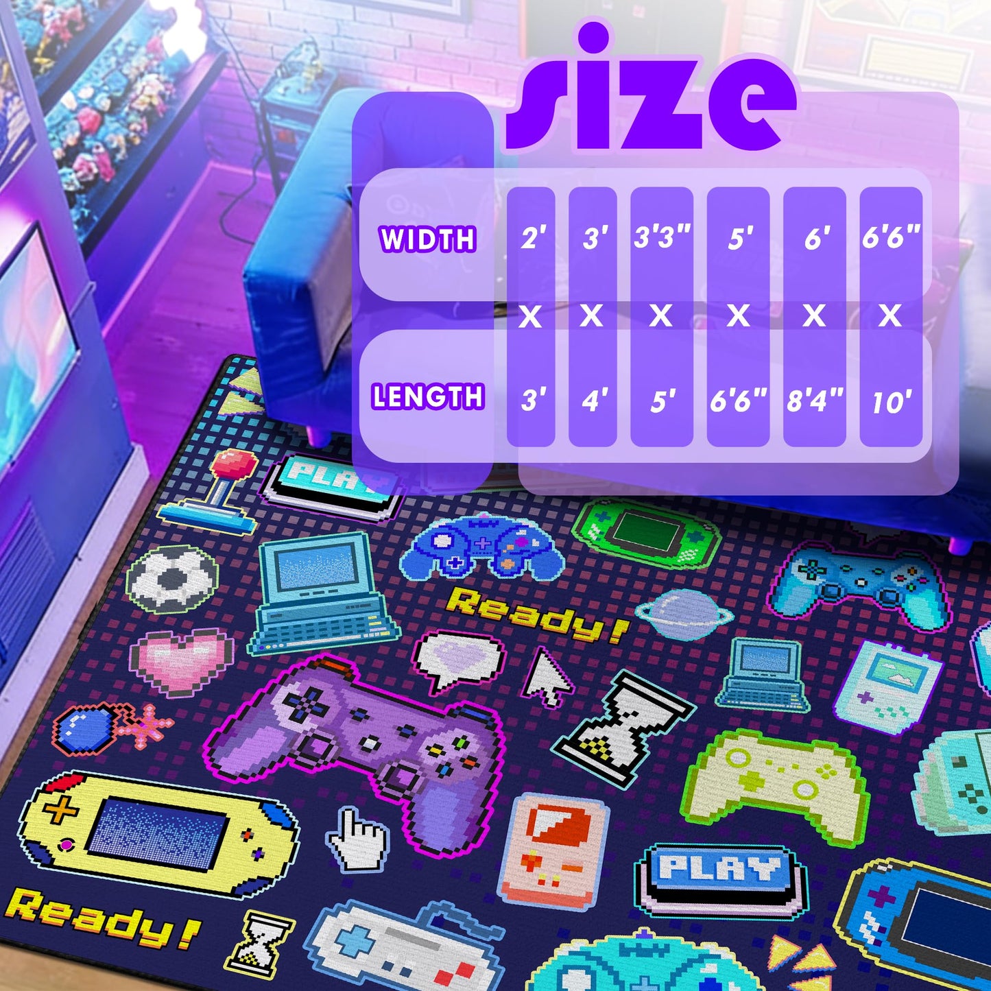 Didswuit 2x3 Game Controller Mat Gamepad with Keyboard Design for Playroom, Pixel Gaming Play Rug for Bedroom, Fun Gamer Art Décor for Game Lover Washable Carpet