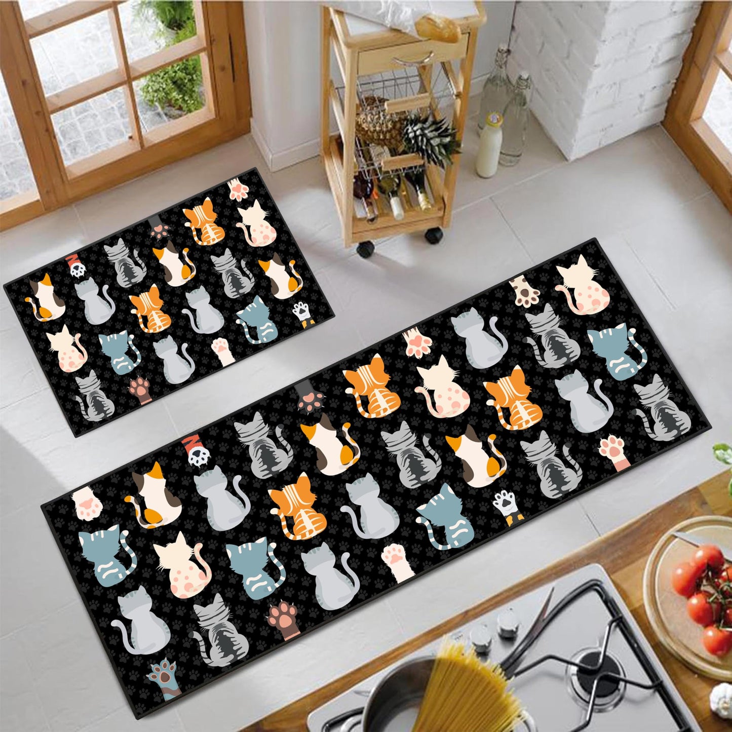 JWXCBIM Cat Kitchen Rug 2 Piece Set, Country Farmhouse Style Decor Kitchen Floor Mat, Non-Slip Absorbent and Washable Runner Rug, Funny Cat Black Kitchen Decorations 17x30+17x47 Inches