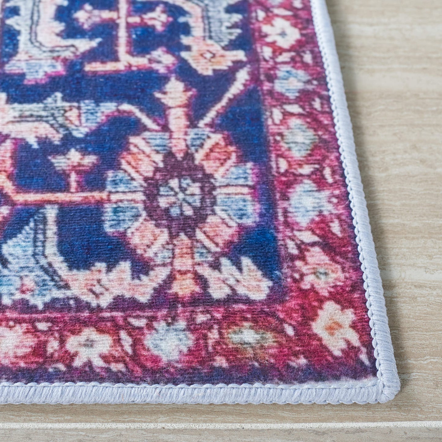 SAFAVIEH Washable Rug Tucson Collection - 4' Square, Red & Navy, Slip Resistant & Easy to Clean, Ideal for Foyer, Kitchen, Nursery, Office, Bedroom (TSN108Q)