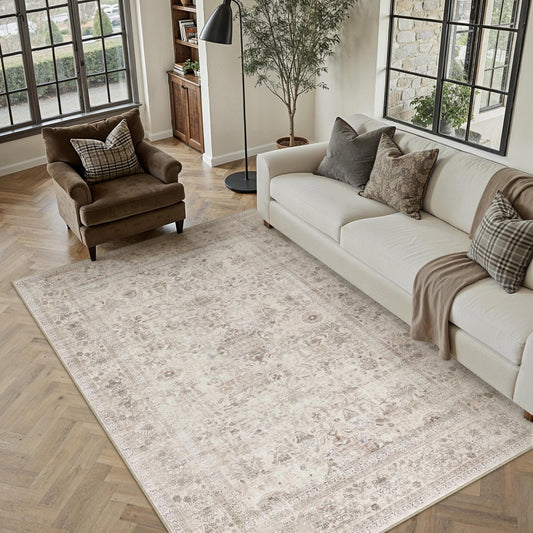 PureCozy 5x7 Area Rug Non Slip Vintage Living Room Distressed Washable Carpet Traditional Indoor Bedroom Grey Retro Floral Accent Throw Rug for Office Kitchen Dorm Dining Room,Beige