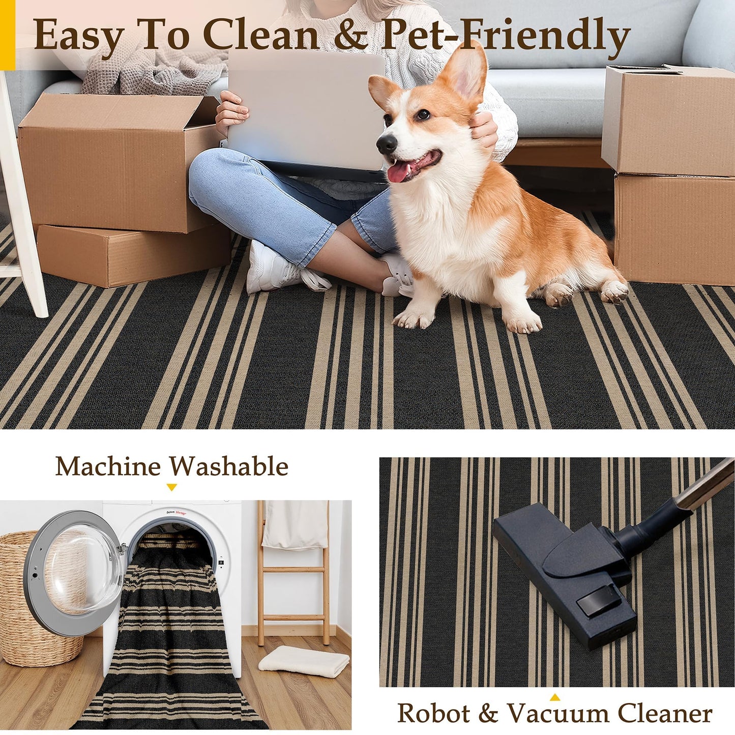 PureCozy Striped Easy Jute Rug 5x8 Black Living Room Carpet Washable Non Slip Bedroom Office Rug Farmhouse Neutral Non Shedding Indoor Outdoor Large Carpet for Kitchen Dining Room