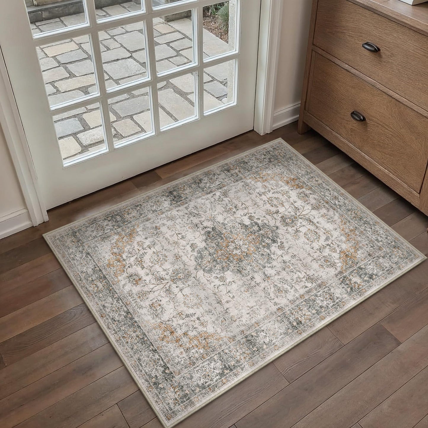HUGEAR 2x3 Entryway Area Rug Retro Taupe Green Small Rug Machine Washable Door Mat Vintage Floral Low Pile Carpet Distressed Throw Rug Entrance Kitchen Bathroom Office Non Slip Soft Lightweight