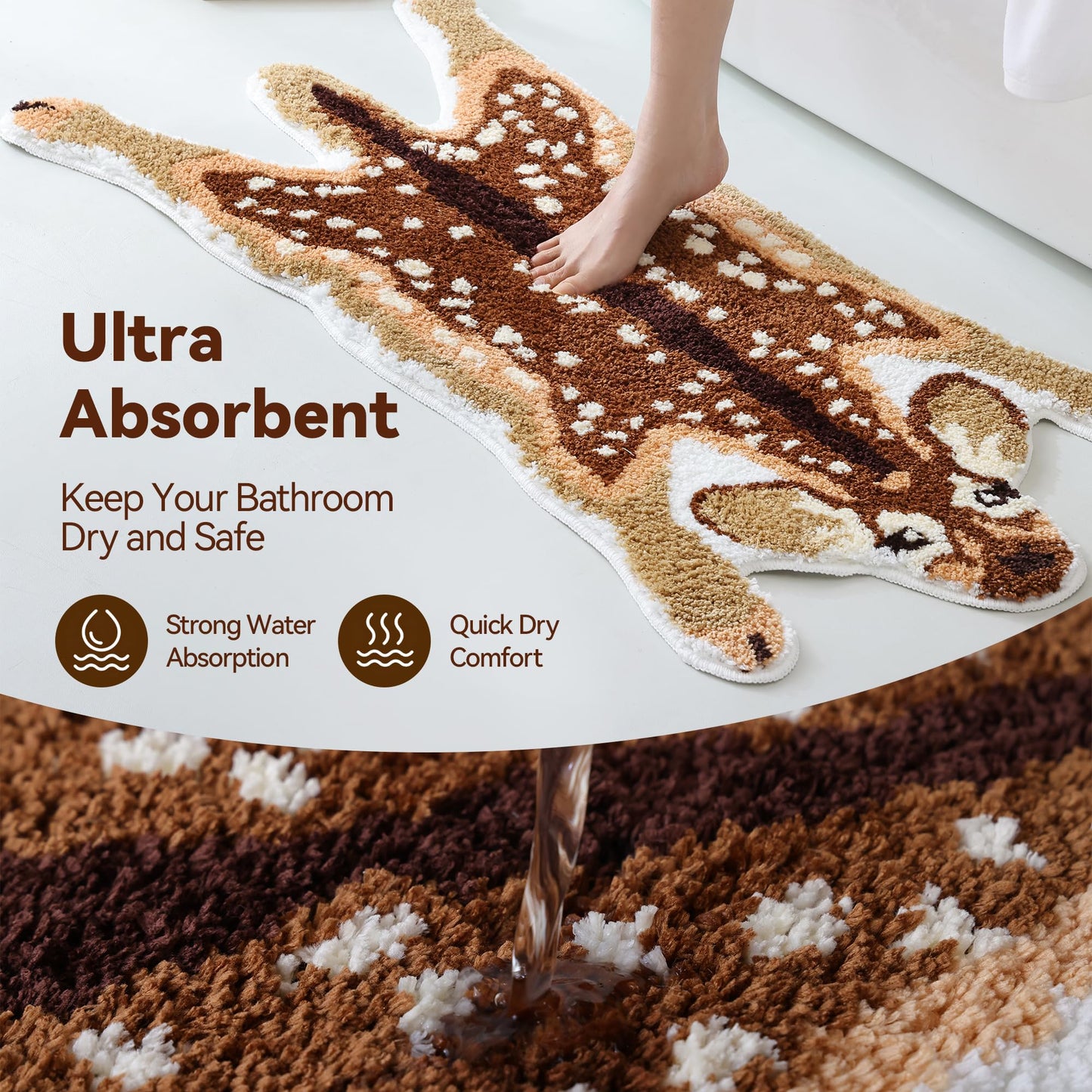 FROZZUR Cute Deer Bath Rug - Soft Washable Non-Slip Bath Mat for Bathroom, Brown Woodland Fawn Animal Print Rug Wild Animals Decor, Funny Kids Bathroom Rug Absorbent