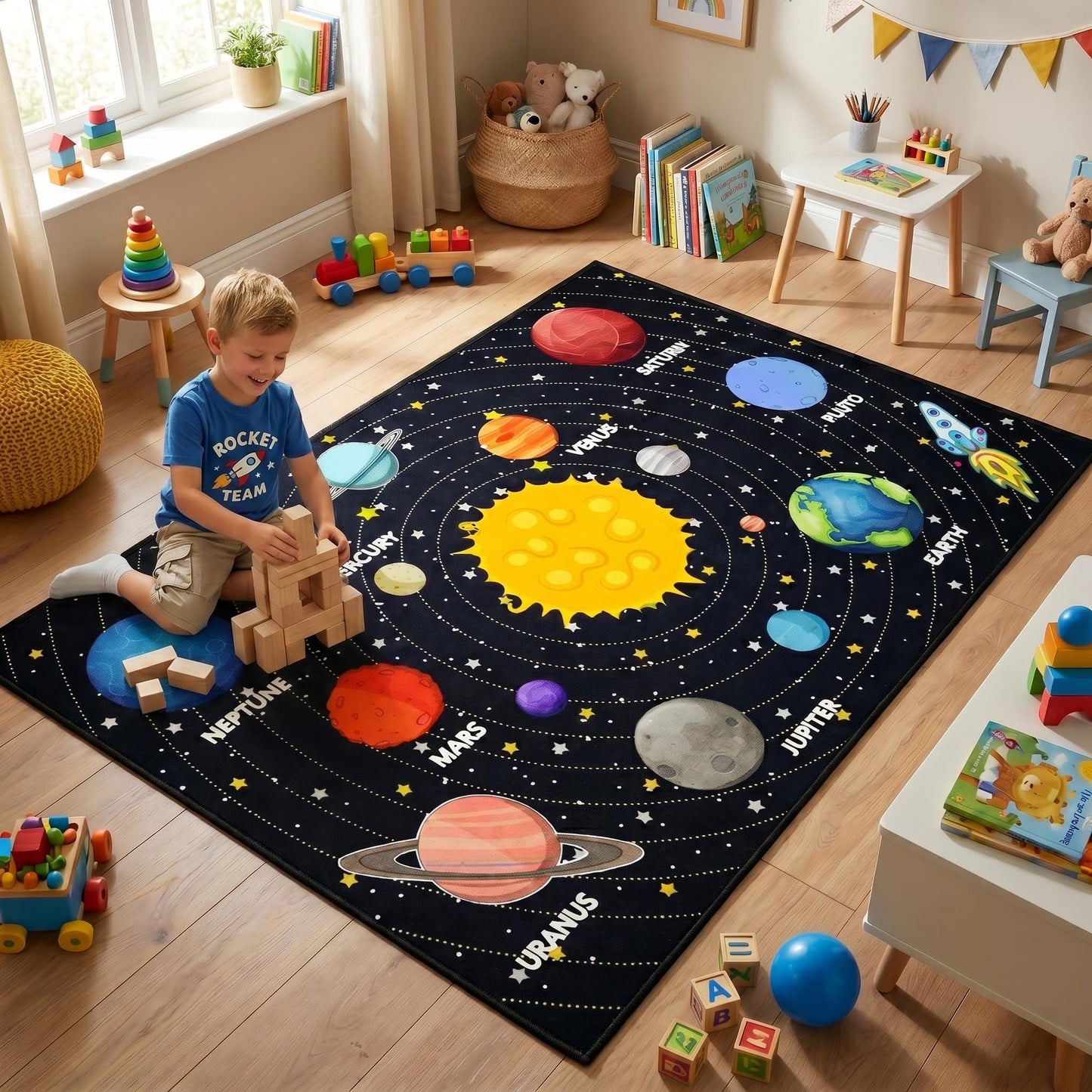 Planet Rug Space Adventure Theme Boys Bedroom Carpet Galaxy Floor Mat with Solar System Planets Galaxy Decor Kids Playroom Educational Rug, 3'×5'