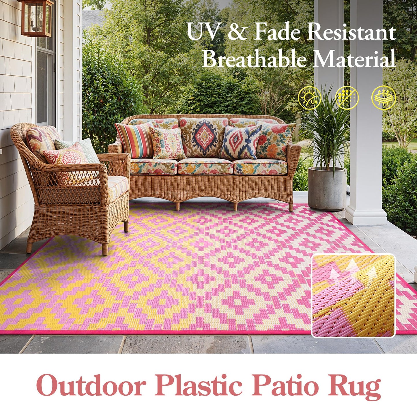 Wonnitar Outdoor Rugs 8x10 Waterproof Plastic Straw Rug, Large Outdoor Camping Rug for RV, Reversible Portable Outside Lightweight Area Rug for Backyard Balcony Beach Picnic, Orange/Pink